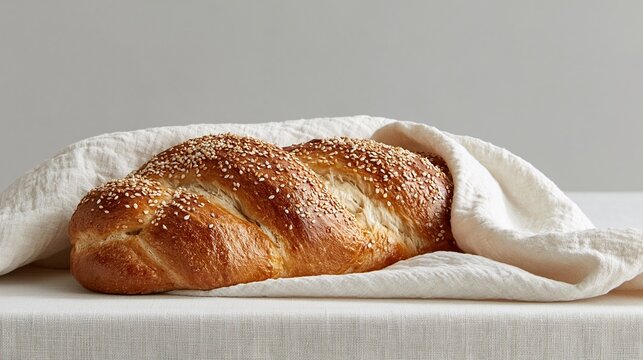 Fresh baked braided sesame challah bread wrapped in soft linen cloth on light gray linen table background showing homemade healthy baking and traditional food concept