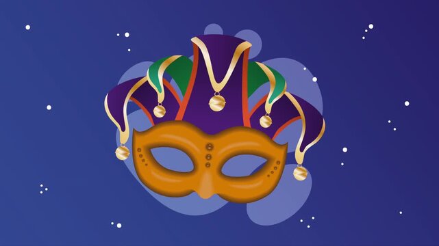 Venetian carnival mask animation with jester hat on starry night background for festive celebration projects.