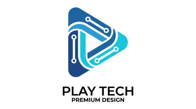 This logo features a sleek play button design intertwined with a technological theme, symbolizing innovation and premium quality in modern design.