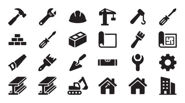 Black construction tools and building icons set Vector, illustration