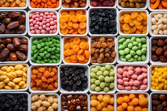 Assortment of Colorful Dried Fruits and Nuts in Square Bowls A Delightful and Healthy Snack Option Variety of Tastes and Textures