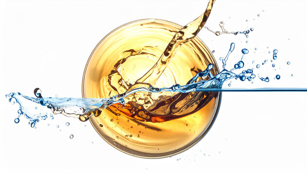 Liquid pouring and splashing on white