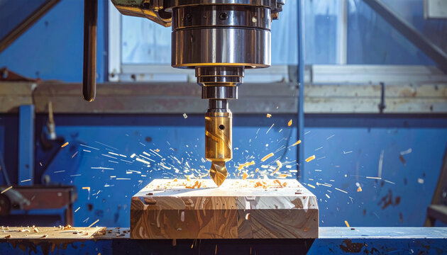 Industrial cnc machine drilling wood block closeup manufacturing process