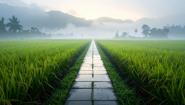 Path through green field under fog