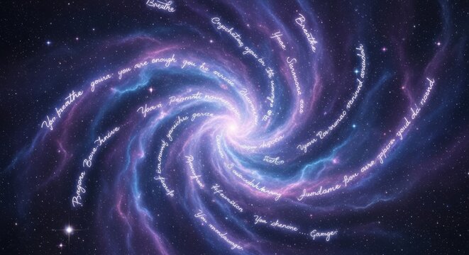 A breathtaking celestial spiral galaxy glows with purple and blue hues, containing inspirational words and affirmations written in sparkling starlight, forming a message of hope.