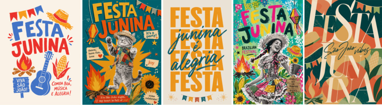 Colorful Festa Junina poster set with bonfire, dancer, cat, guitar, lantern, corn and folk party elements. Brazilian festival vector collection for celebration, events, print and decor.
