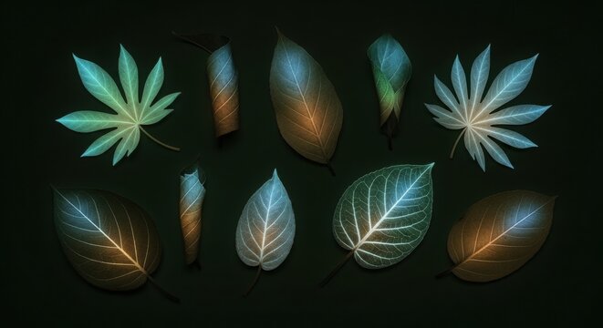 A captivating collection of diverse leaves, each illuminated with a unique bioluminescent glow of blue, green, and orange hues, against a dark background.