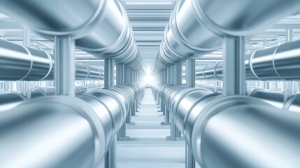 Fototapeta premium Multiple rows of polished metal pipelines extend into the distance, conveying liquids or gases through a futuristic industrial facility, representing connectivity, logistics, and infrastructure