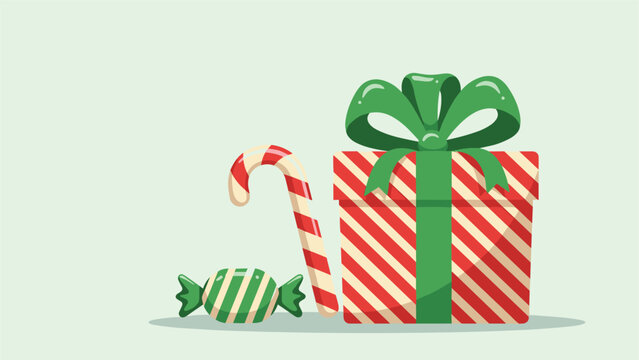 Festive Christmas arrangement featuring a wrapped gift box with a green ribbon, a classic candy cane, and a wrapped hard candy.