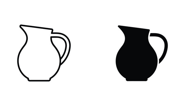Ceramic water pitcher silhouette set in outline and solid black styles for kitchenware and household beverage iconography