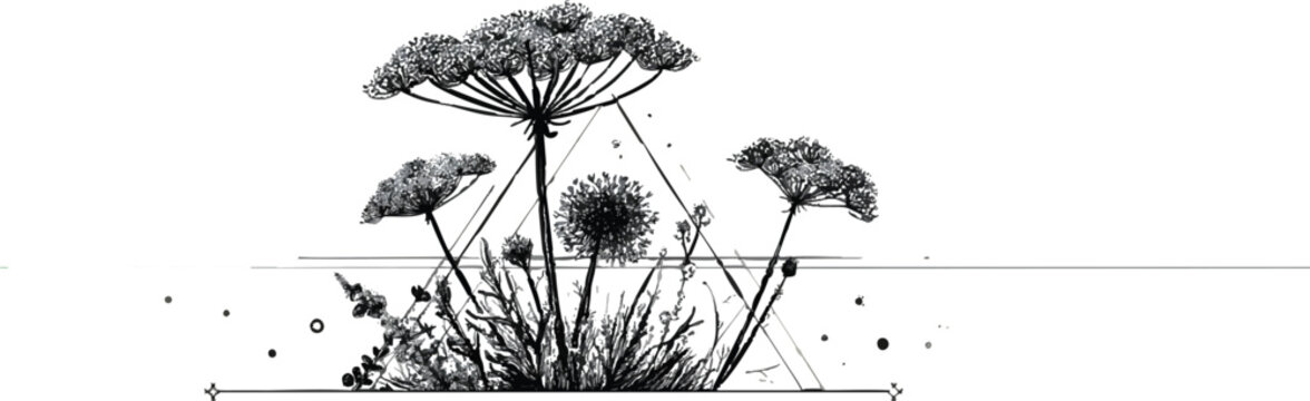 a logo for anes lac.af arrange vector line art of wild flowers, queen anne's lace, on a transparent background.