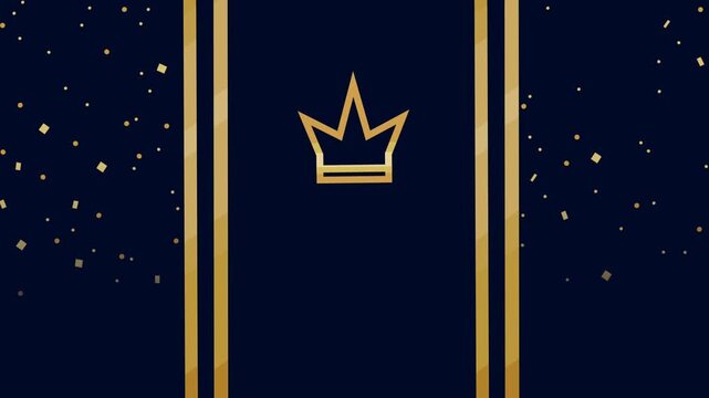 Abstract royal celebration motion graphics with golden crown icon and falling confetti animation on dark blue background.