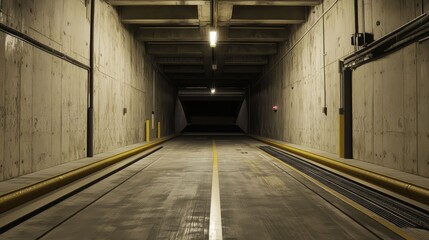 Fototapeta premium Concrete tunnel extending into darkness, featuring industrial architecture, linear perspective, and guiding yellow lines, creating a concept of unknown paths and future journeys