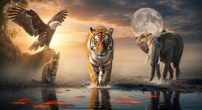 Wildlife animals majestic tiger eagle elephant and cat surreal landscape