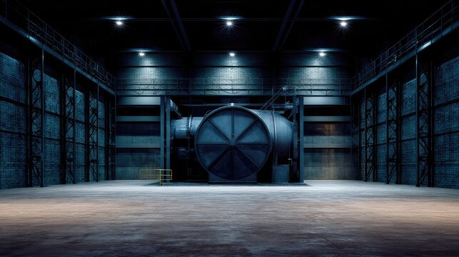 Massive industrial machinery standing central in a dimly lit, vast empty warehouse space, featuring concrete flooring, tall brick walls, and overhead spotlights illuminating the scene