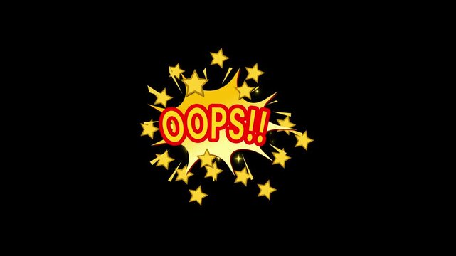 OPPS Pop art comic explosion text animation with bold typography, colorful speech bubble, star sparkles and seamless loop motion on black background in ultra HD 4K