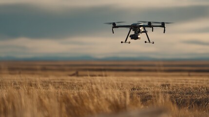 Naklejka premium Professional drone capturing aerial views of a vast golden field under a cloudy sunset sky, highlighting modern technology in rural landscapes for survey and monitoring