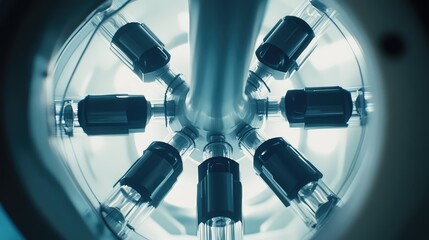 Fototapeta premium Complex array of transparent tubes and circular machinery converging on a central axis, evoking advanced particle accelerator technology, high speed energy research, and precision engineering