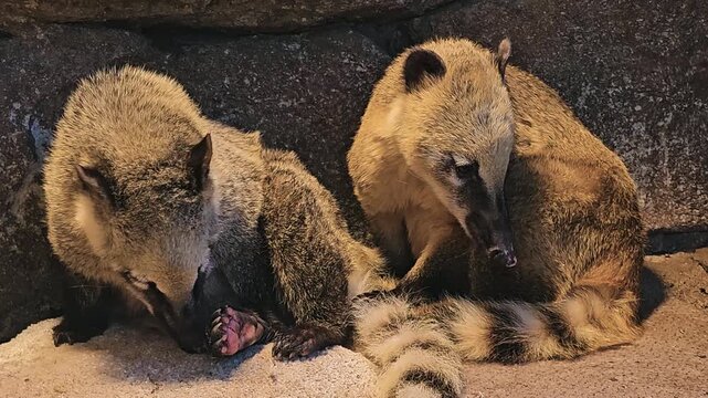 Close up of two coati or coatimundis sitting down and resting on the ground against a rock watching