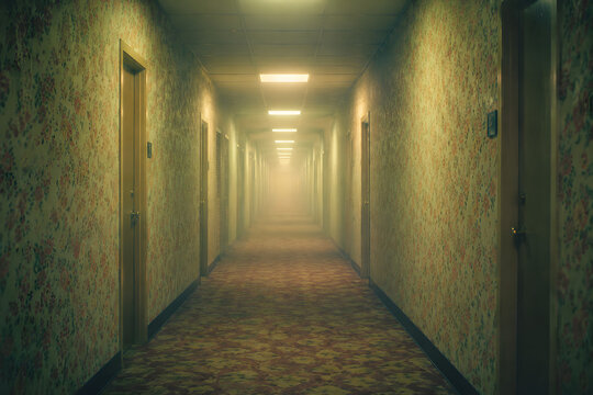 Spooky liminal space hotel corridor with vintage floral wallpaper and eerie yellow lighting