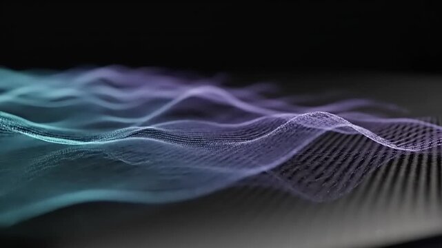 Futuristic Digital Waves of Glowing Teal and Purple Particles Flowing Over Dark Carbon Fiber Texture - Abstract Technology Background