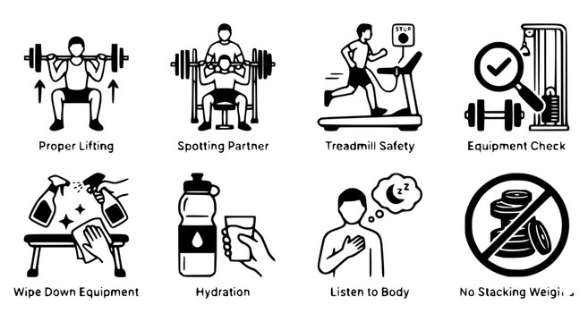 Gym Safety Icons Black Silhouette Set