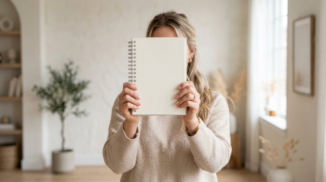 Woman holding blank notebook in front of her face in a cozy, bright room