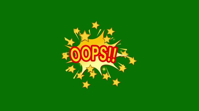 OPPS Pop art comic explosion text animation with bold typography, colorful speech bubble, star sparkles and seamless loop motion on green background in ultra HD 4K