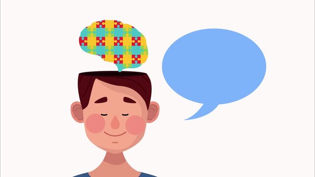 Animated man with puzzle brain thinking and speech bubble in cartoon style motion.
