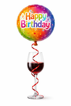 A happy birthday balloon with a red ribbon around a glass of red wine, isolated on a white background