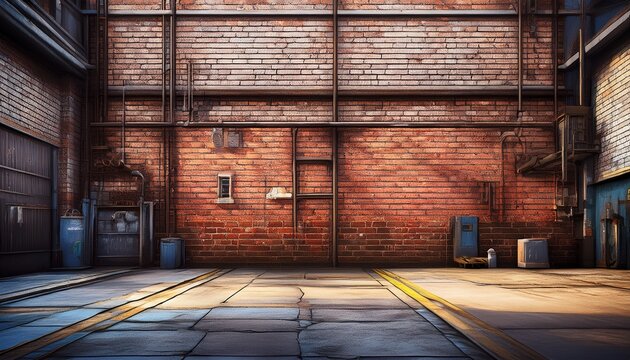 industrial background empty grunge urban street with warehouse brick wall