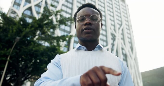 Search, scroll and ui with business black man in city for location guide, self service or hologram signage. Pointing, navigation and virtual map with low angle of person outdoor with smart glasses
