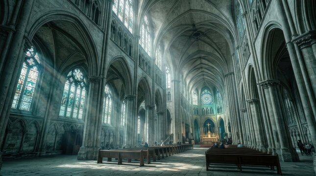 Sunlight streams through stained glass windows in a grand Gothic cathedral interior