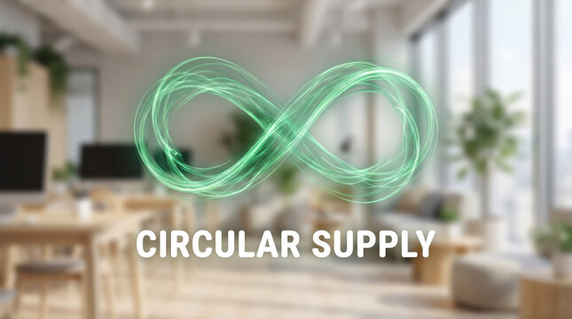 Circular supply chain concept with glowing green infinity symbol in a modern office interior