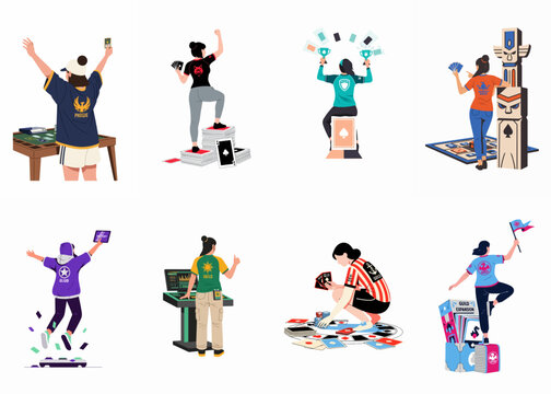 Diverse characters celebrating game victories and guild activities in a flat vector illustration set featuring card games, board games, and digital gaming.