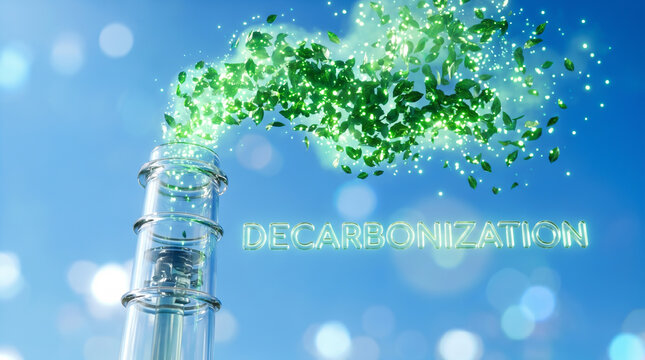 Decarbonization Concept with Green Leaves Emerging from Industrial Chimney Against Blue Sky