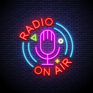 Radio On Air neon sign with microphone icon and sound waves on a dark brick wall background. Vector illustration.