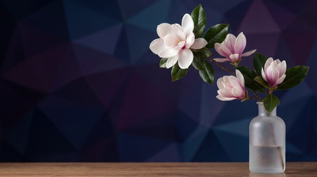 Pink Magnolia Flowers in Frosted Vase on Wooden Table with Dark Copy Space