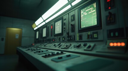 Fototapeta premium Industrial retro control room with an analog console of glowing screens, buttons, switches and indicator lights, evoking vintage sci fi computing and complex operational control
