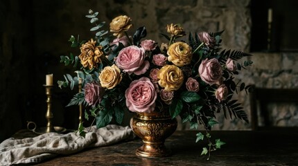 Obraz premium Luxurious floral arrangement with roses and eucalyptus in a vintage vase