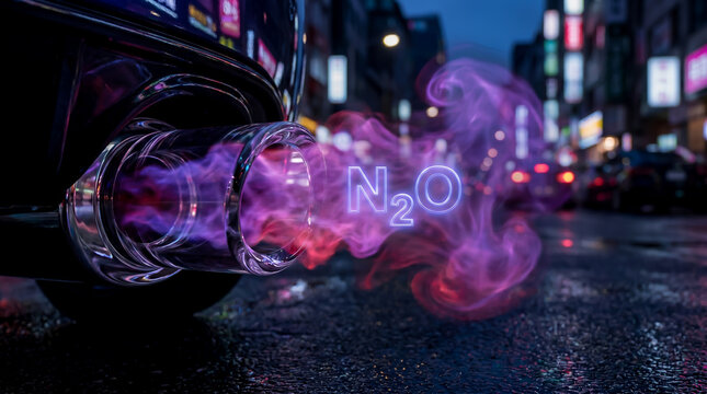 Car Exhaust Pipe Emitting Purple Nitrous Oxide Smoke with N2O Symbol in Rainy City Street at Night