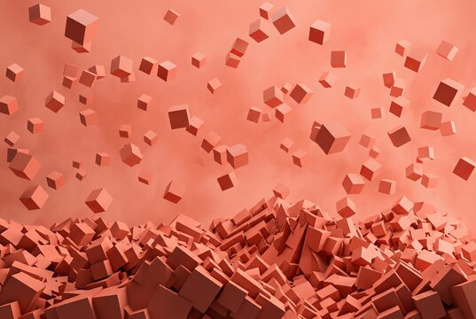Abstract 3D Rendering of Exploding Red Cubes in Mid-Air.