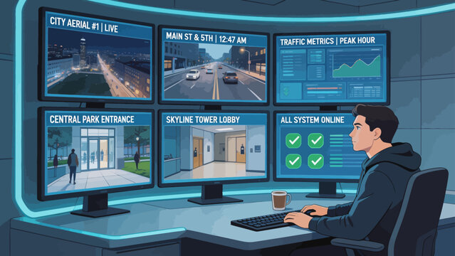 Surveillance room with multiple monitors