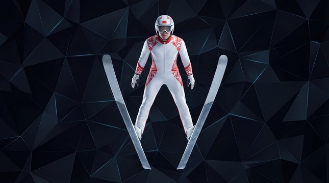 Ski Jumper Soaring in Mid Air against Dark Abstract Geometric Background
