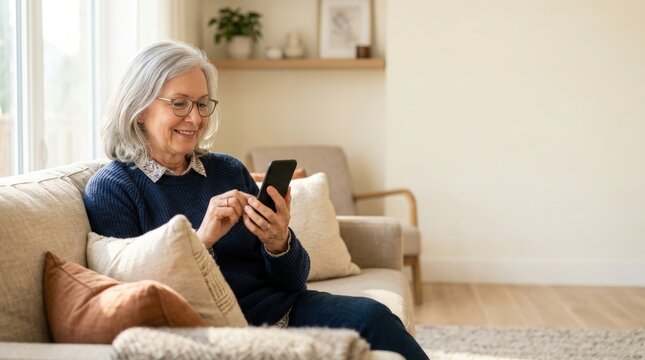 Senior woman using smartphone on cozy living room couch
