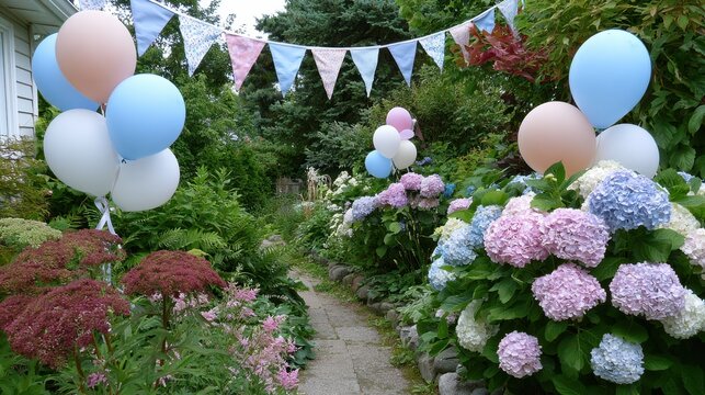 Garden party decorations with balloons and hydrangeas create a festive atmosphere