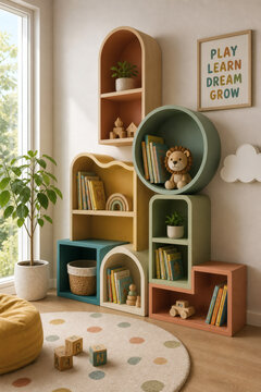 Modern Modular Kids Bookshelf with Playful Shapes in Cozy Nursery