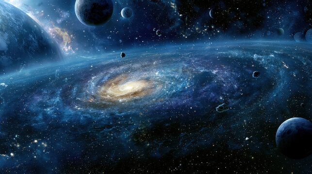 Vast spiral galaxy with planets and asteroids in deep space