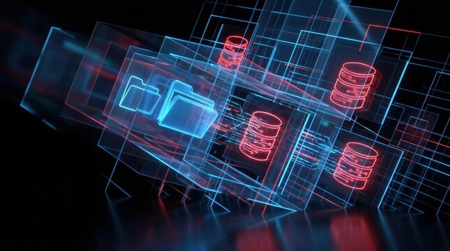 Abstract Data Breach Background with Glowing Files and Database Icons Pulled Through Fractured Digital Grid, Cybersecurity Attack and Information Theft Concept