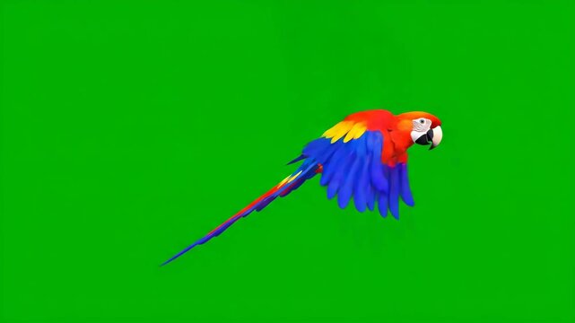 Majestic Scarlet Macaw Flying with Vibrant Red and Blue Feathers on Green Screen for Chroma Key Compositing.